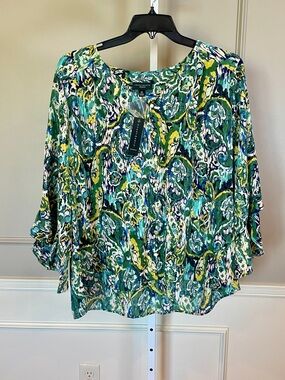 Investments NWT 2X Button Down Blouse Top Shirt Green Etched Paisley 3/4 Sleeve
